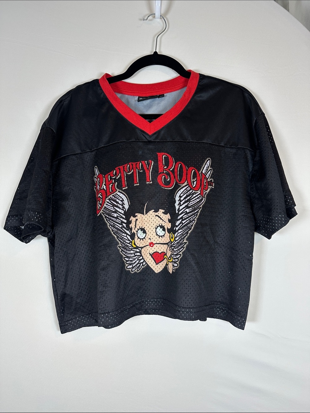 Betty Boop Cropped Jersey Top Large Black Red Graphic Y2K Pinup Shirt